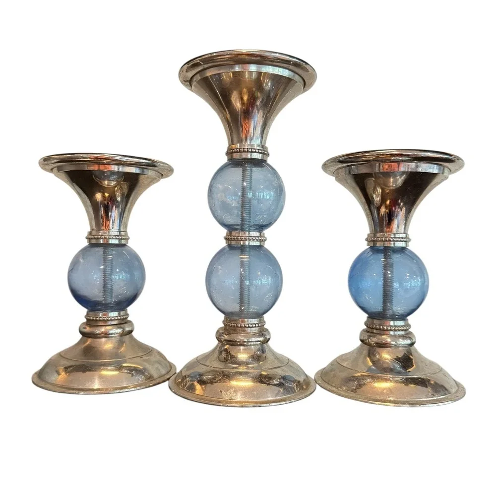 Silver Tone Blue Glass Orb Candlestick Holders Set of 3 Taper Pillar Pedestal